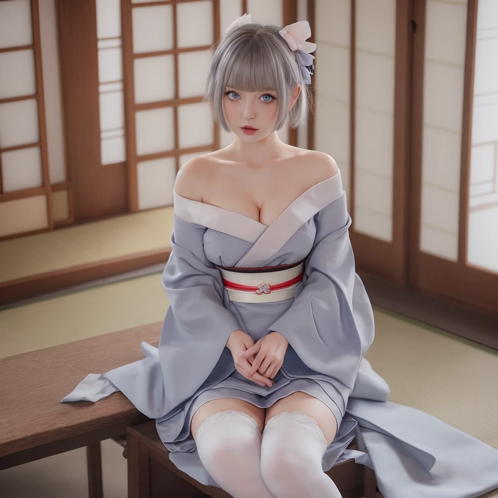 The upper part of the body、one girls、i have silver hair color、Two-tone、Bun hair、Curly hair，floral headband、very Bigger breasts、off shoulders、gorgeous printed kimono、Angle looking down from above，