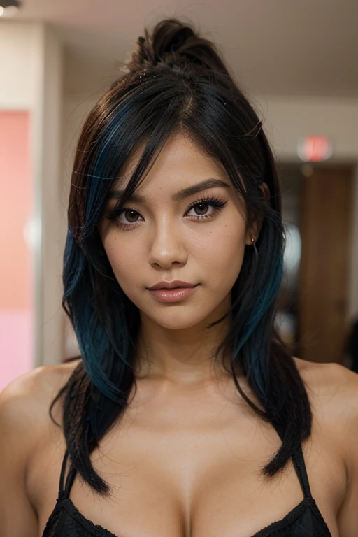 Belle fille, Asian model, 21 ans, electric blue haired model, En regardant la caméra, woman with a beautiful face, long hair woman, blue eye , sportive et sexy