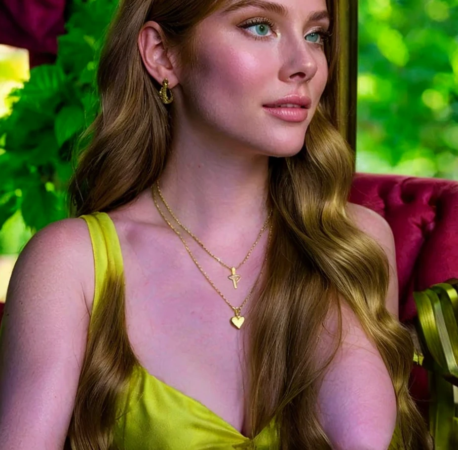 "Fine art photograph of a blonde curvy girl (very busty, very pale skin(porcelain skin), bright eyes, bold pinklips. she is surrounded by lush plants(that frame the picture), pout face expression, looking at the viewer.
(She is wearing a bright-pink lingerie(with small heart-patterns, and gold lacings):1.120).
Our model girl is seated at a vintage tea table set amidst a botanical-garden filled with lush, verdant plants and flowers. (with one hand delicately taking the tea, while the other rests on her hip)-adding a sense of movement and life to the scene. Soft natural light, that casting dappled shadows on her delicate features. ((FACE CLOSE UP SHOT))