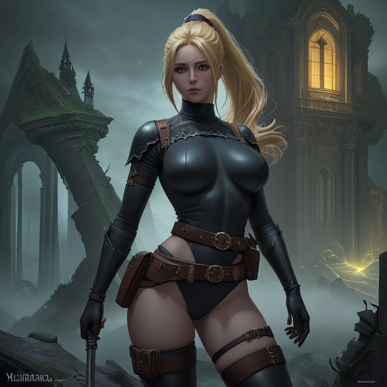 (((Solo focus.  1girl  Single character image.)))  Design a shady female rogue for a dark fantasy setting.  She dresses in black leather clothes, stays to the shadows and has a sinister air of mystery.  Sexy body.  Stunningly attractive.  Very sultry. Behind her is a dark and ruined medieval style city with a purple haze in the ruins.  She has blonde hair and a serious, intense stare. masterpiece:1.3,madly detailed photo:1.2, hyper-realistic lifelike texture:1.4, picture-perfect:1.0,8k