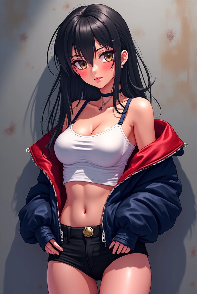 1girl, absurdres, high res, ultrasharp, 8K, masterpiece, looking at viewer, human, thighs, breasts, huge breasts, cleavage, underboob, long hair, black hair, red eyes, earrings, collar, crop top, open jacket, skirt, naval, blush, transparent