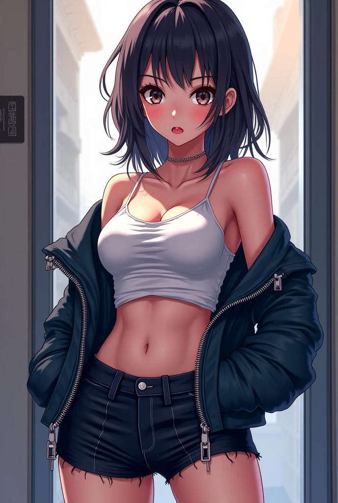 1girl, short black hair, tousled hair, messy hair, green eyes, red jacket, red and black jacket, white top, white tank top, white transparent top, sheer fabric, thin fabric, sheer top, transparent top, white transparent top, loose white top, downblouse, down blouse, no bra, pink nipples, hard nipples, erect nipples, poking nipples, belly, midriff, tomboy, boyish, masculine, androgynous, badass, sideboobs, sidebreast, sideboob, underboobs, armpit, armpits, ribcage, city, city background, black denim shorts, ripped jeans, unbuttoned shorts, unzipped pants, low-rise, looking at viewer, full body, raised arms, raised arm, tying hair, open mouth, short shorts, mound of venus, pubic mound, vagina, cameltoe, hot pants, cyberpunk, cyberpunk city, short shorts, mound of venus, pubic mound, vagina, cameltoe, unbuttoned shorts, unzipped pants, low-rise, white top, white tank top, white transparent top, sheer fabric, thin fabric, sheer top, transparent top, white transparent top, loose white top, downblouse, down blouse, no bra, pink nipples, pulled down pants, lowrise, low-rise jeans, bottomless, no panties, nopan, open vagina, going commando