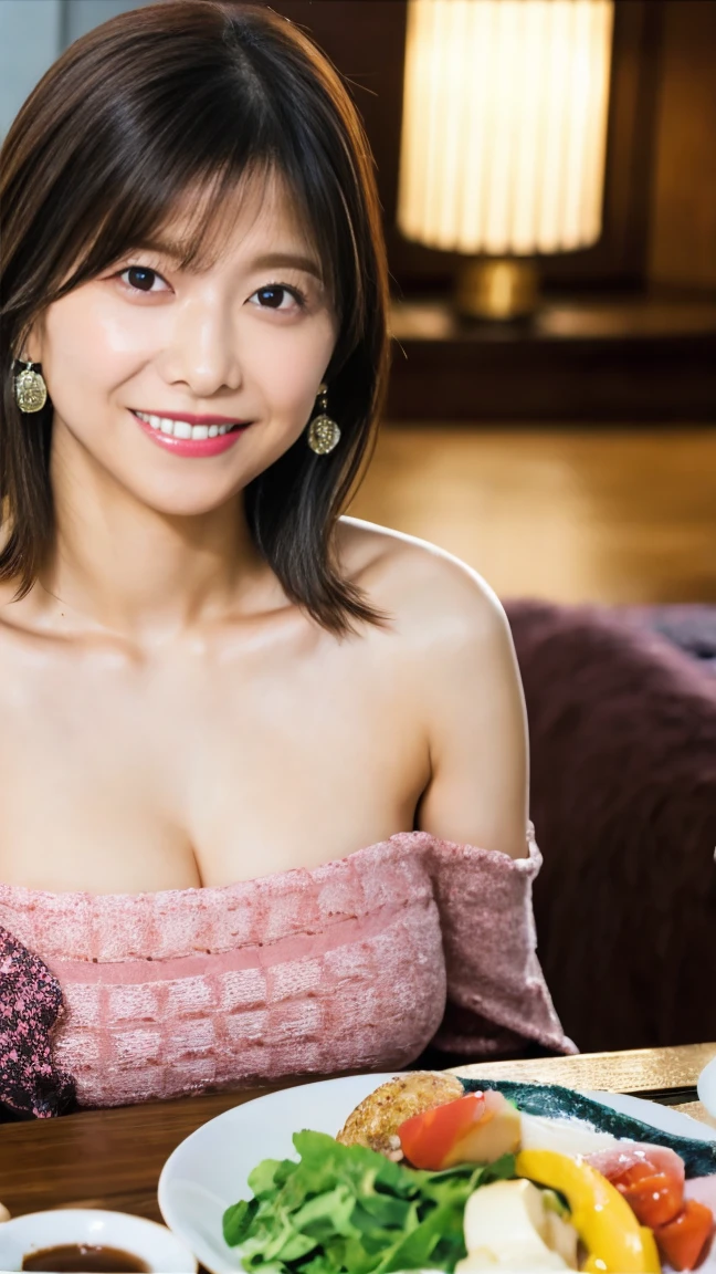 (masutepiece:1.4), High Definition,(High quality:1.4),(60-year-old woman:1.4),(wrinkles on the face:1.4),Beautie,(Sheath dress mini length:1.4), Puffy sleeves,Big breasts,Smile,