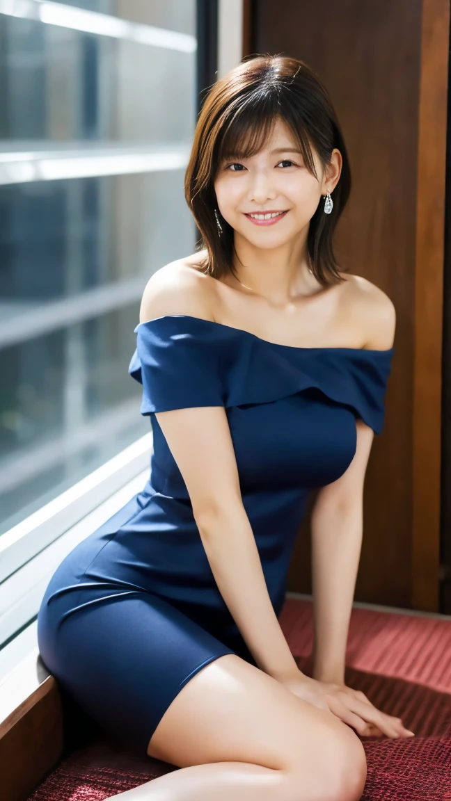 Very detailedな CG Unity 8k 壁紙, Highest quality, Very detailed, masterpiece, Realistic, Realistic写真, Very detailedな美しい女の子, Age 25 , (office lady), smile , Round eyes, Small breasts , The audience is, Full Body Shot , Stylish living room, , Brown hair trends Latest hair trends for young women See-through blue one-shoulder long dress Provocative look 人を惹きつけるsmile Staring at the photographer Sheer blue one-shoulder long dress Morning Preparation Sexy lips Sexy lips Protruding lips Pink lips that captivate men Thick lips 分Thick lips Whitening with cosmetic effects Touching your hair color々stop temporarily 思わせぶりstop temporarily See-through tights Beautiful feet