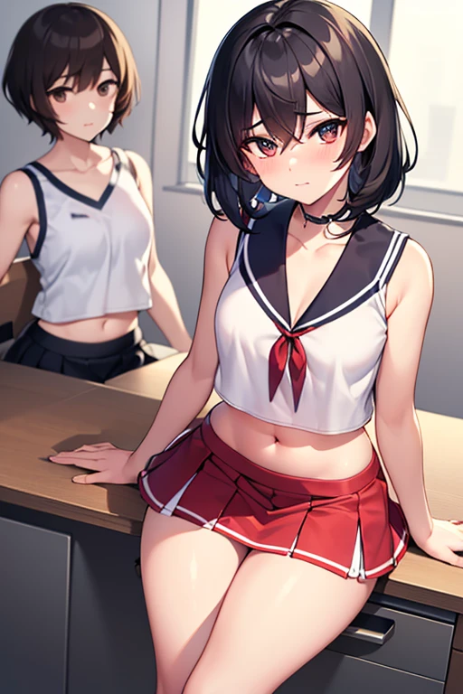 nsfw, (1girl, 1boy), (men and women stand side by side), breasts, thighhighs, navel, sweat, smile, skindentation, white thighhighs, collarbone, looking at viewer, cowboy shot, bangs, look at each other, thighs, blush, medium breasts, lace choker,
bbmegumi, short hair, medium breasts,medium breasts ,topless ,pussy, vagina, (love juice, pussy juice), nipples ,go commando, braless, naked woman, claw pose,highly detailed skin, highly detailed face, (beautiful detailed eyes, the girl smiles, red cheeks), (One girl is standing), The girl is a cute 18-year-old tennis player, ((no panties, beautiful pussy, thin pubic hair)), (Not wearing a bra, small breasts, The shape of the nipples can be seen through the clothing), ((Tennis Shoes)), The girl has a toned body, Pink Tennis Wear, pleated skirt for tennis, Sun visor, sweaty hair and body, Wipe your sweat with a wristband, Tennis court, ((Photographed from the front so that the girl&#39;s whole body is included)), flowing sweat,
detailed eyes, Perfect features, condom, 
(masterpeace, best quality, good quality:1.4), masterpeace, intricate details, hetero, faceless male, solo focus,boy sandwich,closely