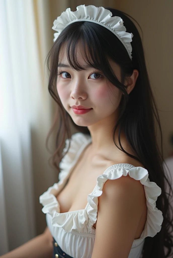 korean,realistic, masterpiece, final detail, photo realistic, intricate detail, octane rendering, 8K, 1Girl, full bodyperfect face, beautiful face, NSWF, trough reference, detail hair,, black bow, black gloves, black legs, blue eyes, blue hair, bow, collarbone, dress, drill hair, ruffles, ruffles, gloves, gwen, headdress, highres, long hair, parted lips, puffy sleeves, purple eyes, smile, solo, white dress, oil skin,