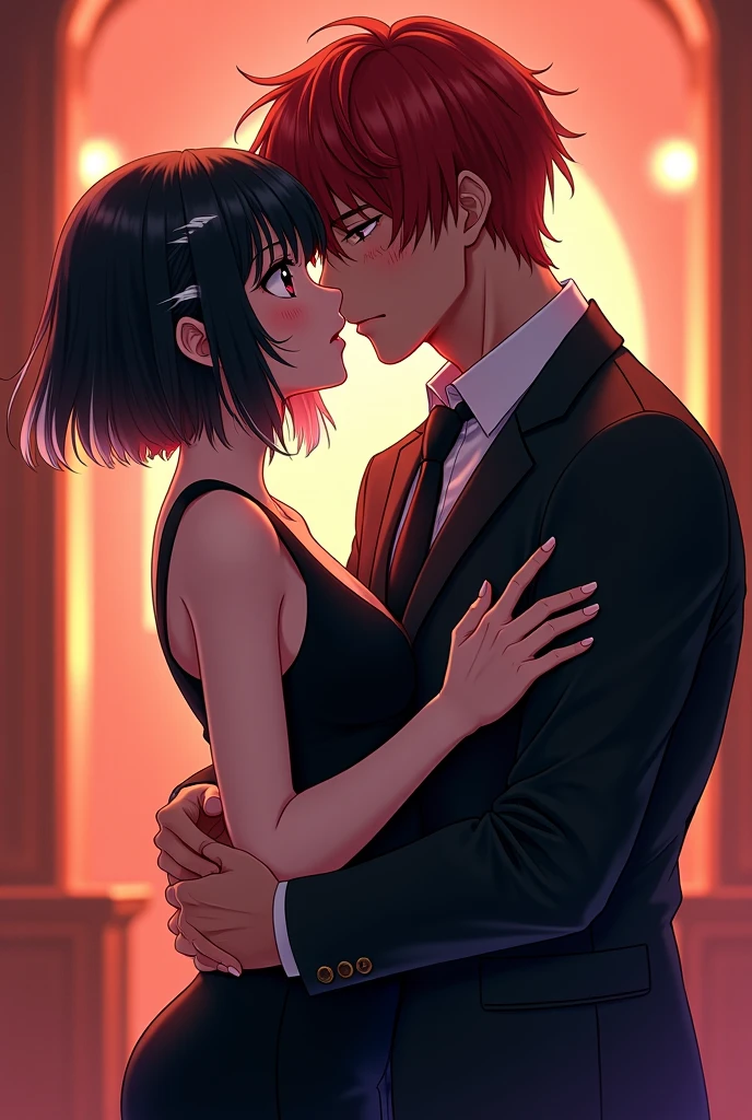 a girl with really short, dark brown hair. which is not longer than the beginning of her neck. she has a rebellious vibe. she’s kissing with a sweet boy, who has brown and very long straight hair. they are in love. she’s touching him. make it look very intimate.