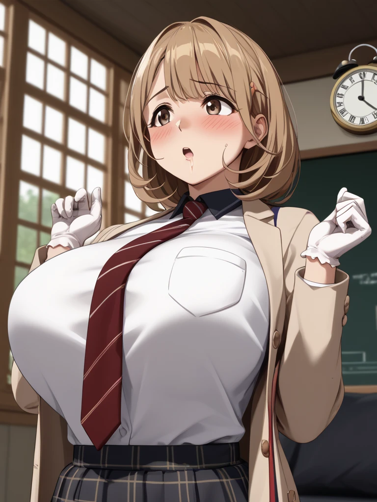 anime cels style, (POV, 1boy, faceless male, POV paizuri, paizuri, breast squeeze:1.4), narusawaryouka, clothed, best quality, high resolution, 1girl, blush, happy, smile, open mouth, (gigantic breasts:1.2), red tie, indoors