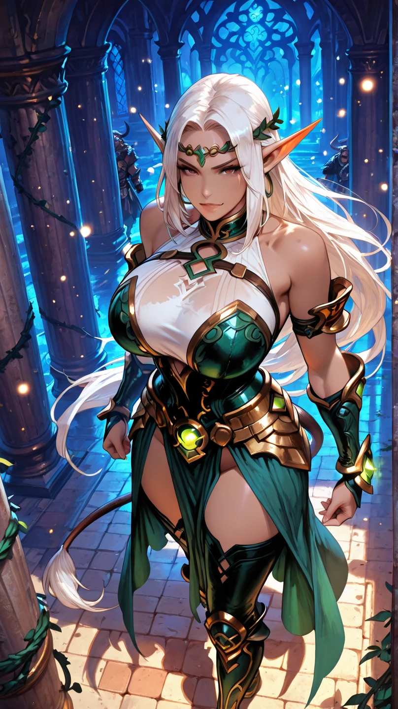 A female demon with elf ears, um rosto maduro com um sorriso perverso, e corpo volumoso com seios enormes e busto, Silver hair with purple locks and demonic purple eyes, roupa preta, unhas grandes longas e pontiagudas, caveiras e velas de rituais, sombras em formas de pessoas e uma porta distante no meio do nada