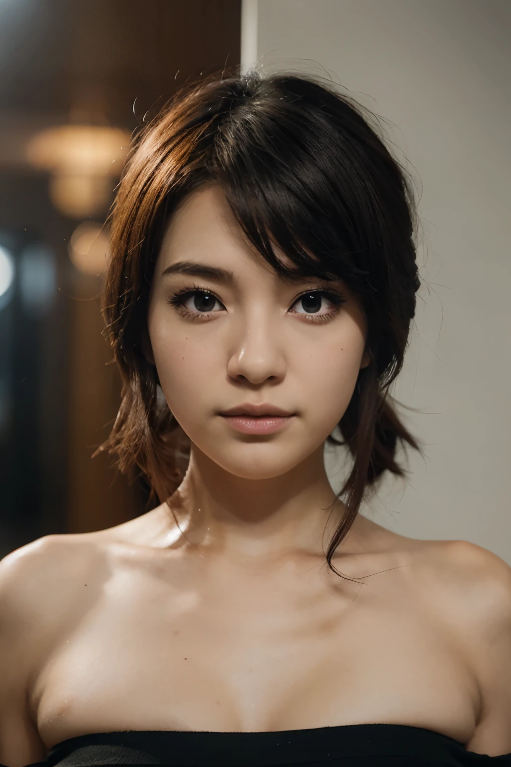 ((Best quality, 8k, Masterpiece :1.3)), Sharp focus, A pretty Javanese woman with perfect figure, Slender abs, black short hair, ((big breasts, ample cleavage)), (wearing no clothes), City street, Highly detailed face and skin texture, Detailed eyes, Double eyelid, braless, nipples slip, dynamic rendering , nsfw, kayes_onic_ml