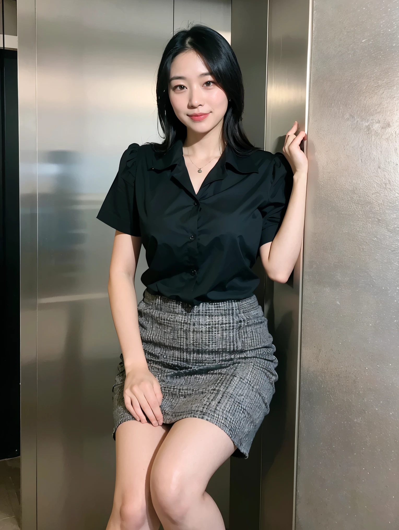 ((best quality、8k、masterpiece:1.3))、photorealistic, sharp concentration, HD , nothing, Portrait, alone, Japanese, female, きれいなfemale, sexy, short sleeve business blouse、 above knee skirt 、 elevator、in school、elegant、 23 years old, semi-long bathroom、smile