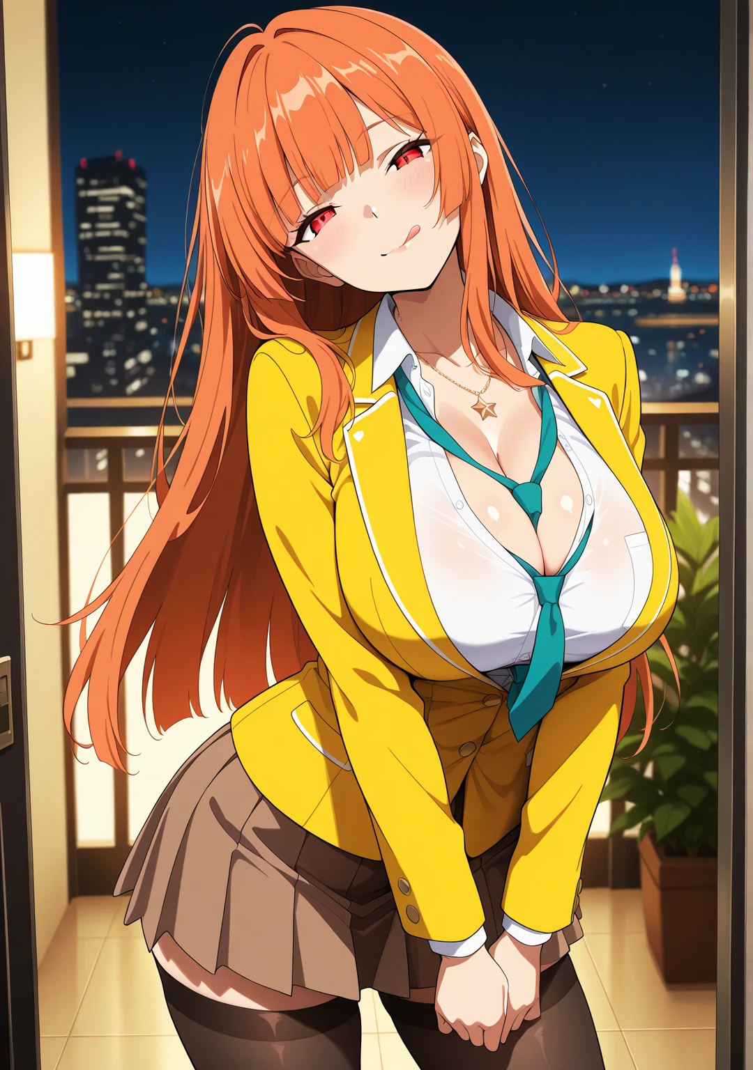 Nobara Kugisaki, orange brown hair,orange bra, skirt short,blue suit, anime image.