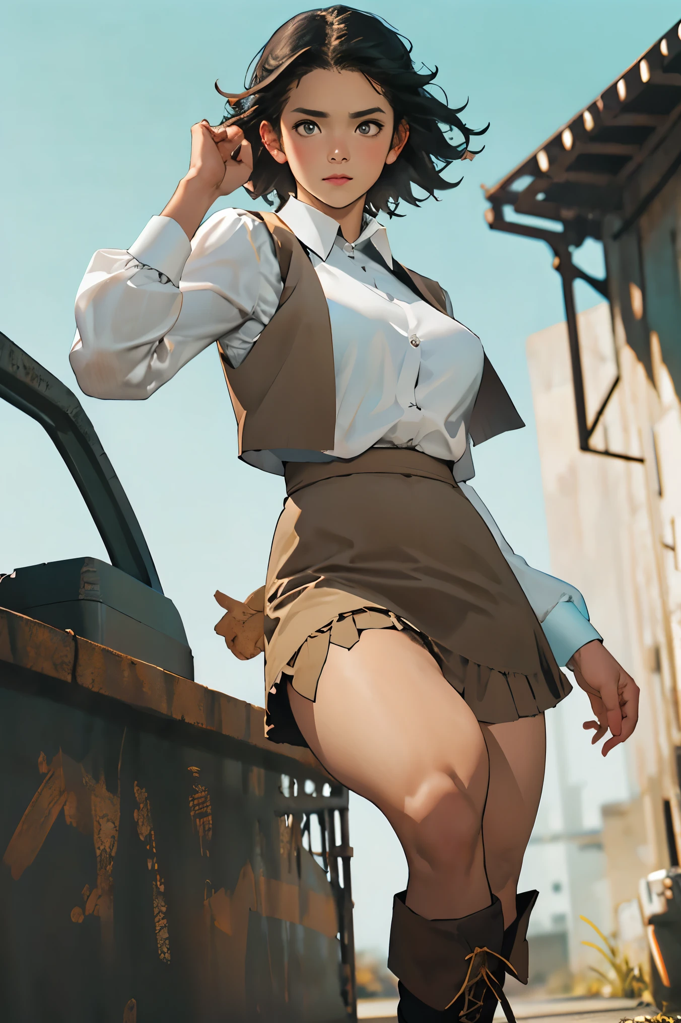 ((masterpiece , best quality ; 1 . 3)) , best quality , Beautiful Details , very detailed , Ultra-fine , 16k , exquisite , absurd , high resolution , beautiful background , Detailed Background , Beautiful Eyes , beautiful skin , anime style , Real Stick , very well detailed , very detailed , Detailed Laura , high resolution , detailed face , perfect face , fine grain , perfect eyes , expressive eyes , 完璧な解剖学 , 1 girl , alone , seductive expression:0 . 9 , Annie , short hair , Fluttering Hair , black hair , iris , white shirt , brown vest , brown mini skirt , Big Breasts , Slim waist , white western boots , Cowboy Shots , battle preparation , (battle pose:1 . 1) , outdoor , Abandoned Factory , high kick , white panchilla
