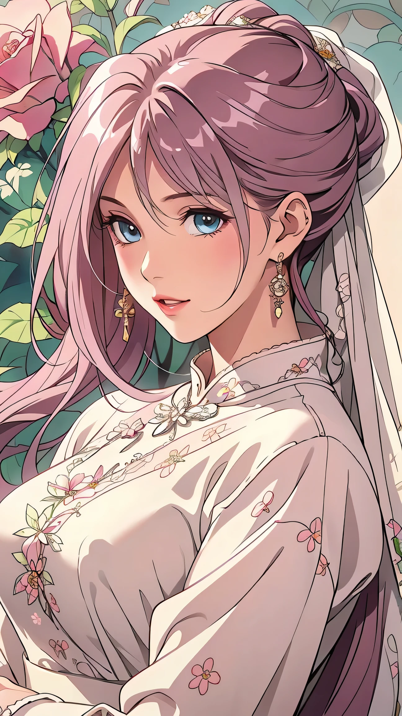 (masterpiece, best quality, best quality, Official Art, Beautiful aesthetic:1.2), green eyes, (best quality, masterpiece painting:1.3), Immature woman, , (bust), masterpiece, ultra high resolution, (((wedding veil, lace trim dress, transparent, Wedding Dress, Outdoors, White Rose, (long sleeve:1.2), Pink Bow,))), Decorative panel, Abstract art, (taken from a side angle), (photorealistic:1.0), ((pale pink hair)), straight hair , beautiful and shiny hair, white radiant skin , painterry, sketch, texture, ultra high resolution, solo, beautiful woman in silya room, very detailed, (fractal art:1.1), (colorful:1.1), (Floral:1.6), most detailed, ( zentangle :1.2), (dynamic pose with well-shaped nipples), (abstract background:1.3), (shiny skin under clothing), (Many colors:0.8), (earrings:1.4), (feather:0.9), Taisho Romance,