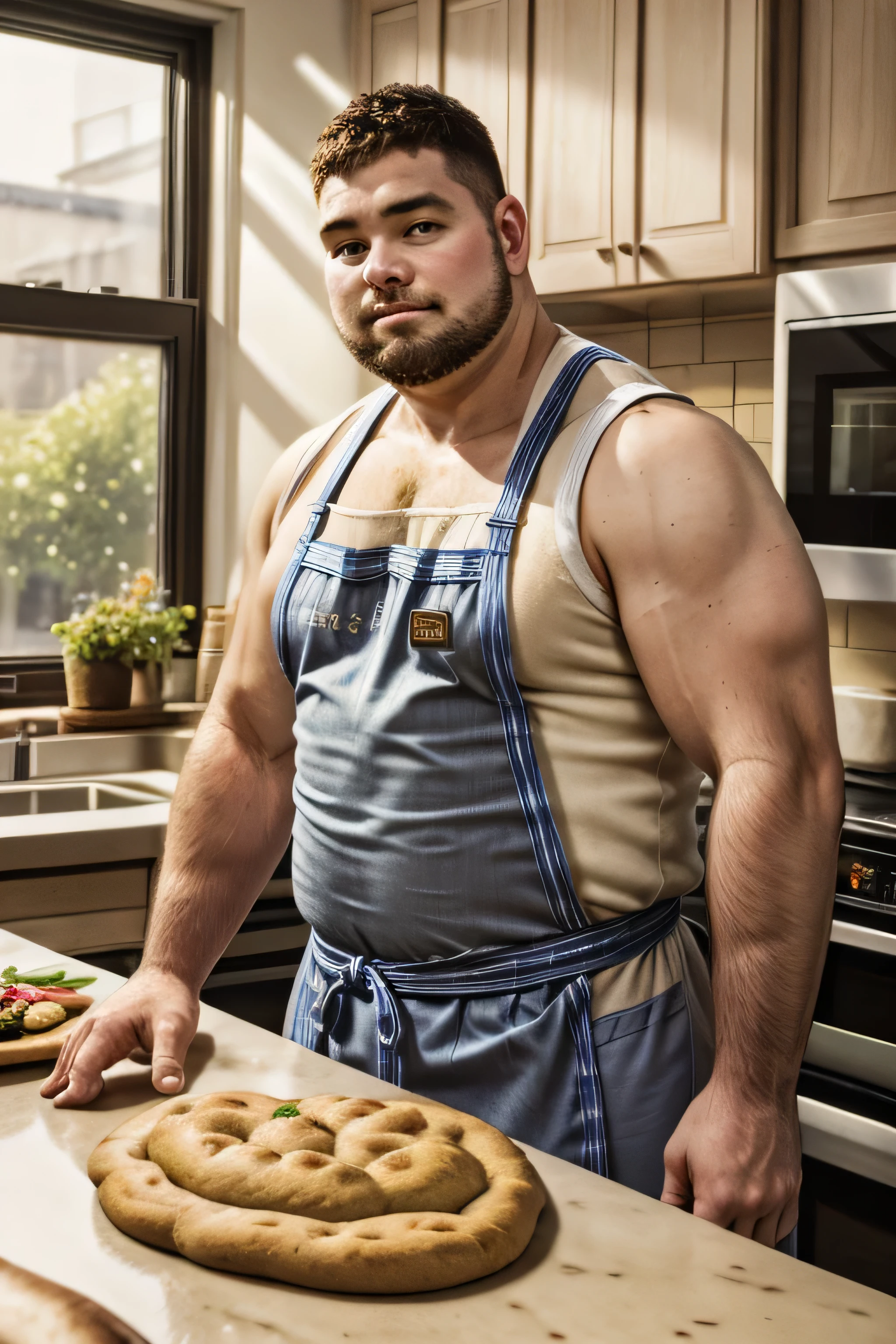 (8k, high definition, masterpiece) handsome super obese but buffed Caucasian baker. Wearing a white chef's apron over sleeveless tank top. chubby face. bushy armpit hair. Bearded. medium length hair. wearing khaki trousers. kneading a dough vigorously on a counter top. looking away from the camera. head turned slightly to the side. inside a dark sun-lit kitchen through a window on his left side. cozy kitchen with plaid mustard-yellow and royal blue color palettes. blurred background.