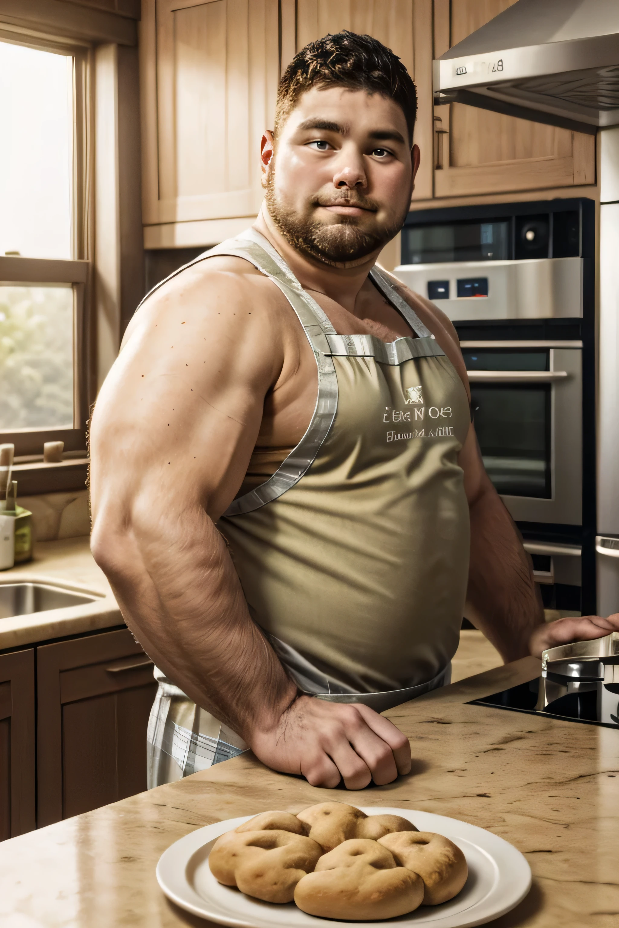 (8k, high definition, masterpiece) handsome super obese but buffed Caucasian baker. Wearing a white chef's apron over sleeveless tank top. chubby face. bushy armpit hair. Bearded. medium length hair. wearing khaki trousers. kneading a dough vigorously on a counter top. looking away from the camera. head turned slightly to the side. inside a dark sun-lit kitchen through a window on his left side. cozy kitchen with plaid mustard-yellow and royal blue color palettes. blurred background.