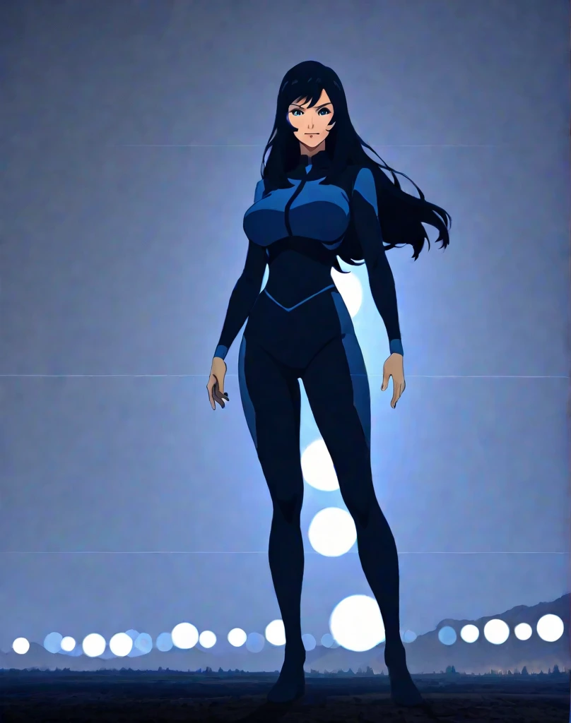 masterpiece, high quality, best quality, 1girl, solo, (muscular female:1.0), (super gigantic breasts:1.0), (closed mouth, half smile), harah, long hair, brown hair, blue eyes, dark skin, large breasts, earrings, (black and blue color-blocked bodysuit:1.50), (((blue on the sides and black on the middle of the bodysuit:1.5))), lips, blue sclera, anime screencap, anime key visual, (fully clothed:1.0), full body <lora:Harah:1.0>