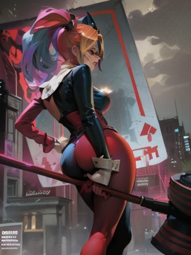 Harley Quinn, beautiful detailed face, beautiful detailed eyes, beautiful detailed lips, long eyelashes, surprise expression, looking over shoulder, sharp focus on her ass, detailed skin texture, tight fitting outfit, high heels, city background, vibrant colors, HDR, 8k, hyper detailed, photorealistic, cinematic lighting, dramatic shadows, blue eye