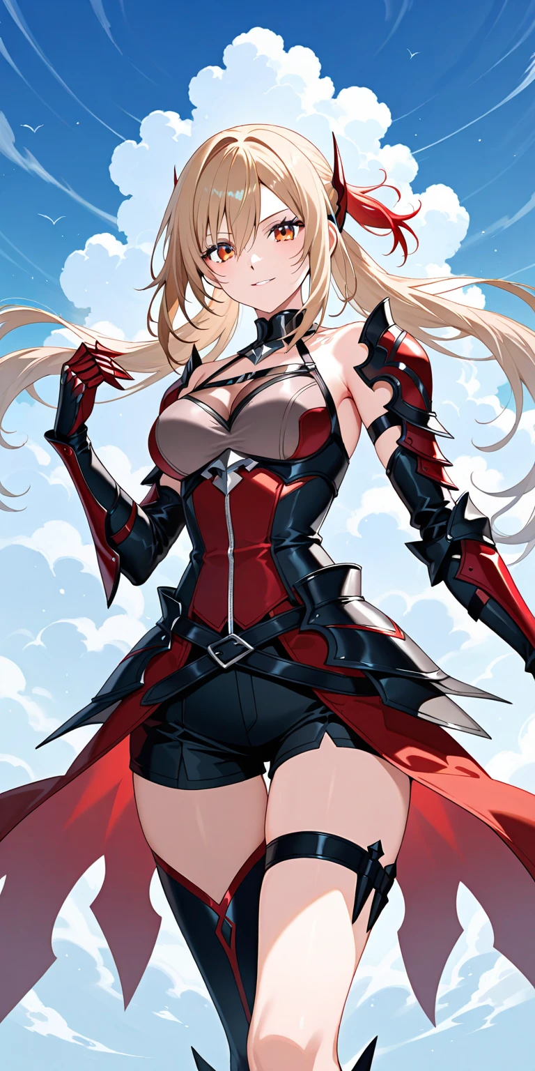 high quality, masterpiece, Very detailed,Long Hair, beautiful girl,blonde,Red eyes,chest,Silver armor,Shoulder Bare,Short skirt,Black fishnet stockings,Big Crown,Pink glowing sword