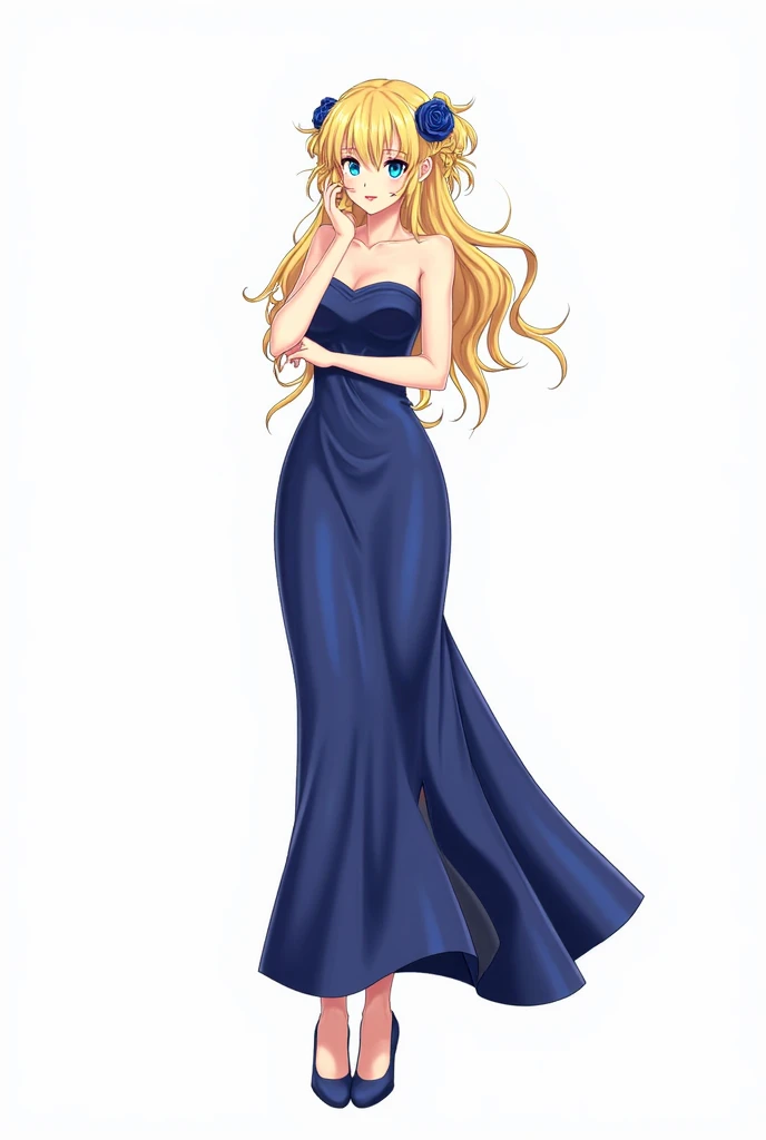 A young woman with a graceful and delicate appearance, with blonde hair tied in an elegant bun and wearing a stunning light blue dress, adorned with light-reflecting crystals. She is standing on a marble staircase, with a glass slipper in her hand. Ao fundo, a grand ballroom lit by golden chandeliers, with guests in formal attire. The expression on Cinderella's face is one of hope and enchantment.. realistic styling, 8k, with attention to the details of the dress, of the glass slipper and the luxurious setting.