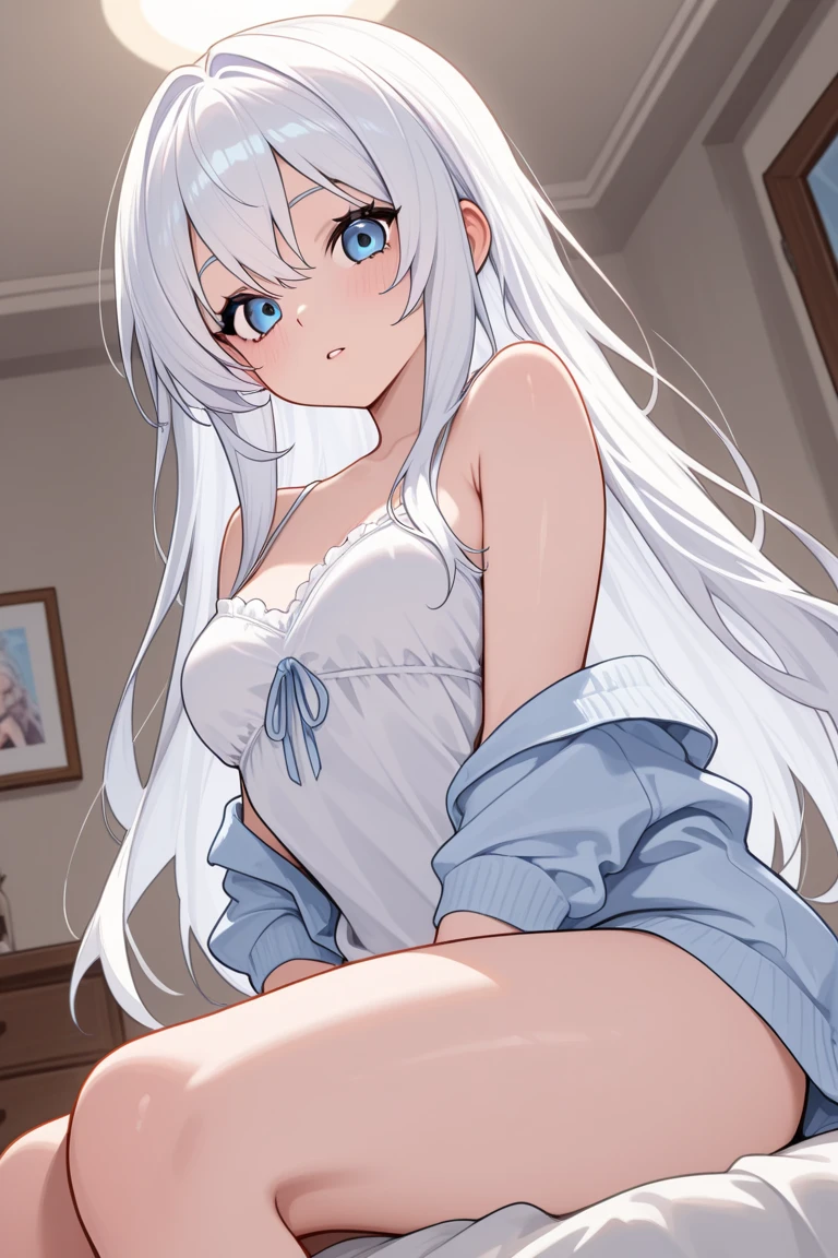 best quality, ultra precision, one girl, blue eyes, white hair, young, loli, cute, blush, natural smile, teenager, cat's ears, small breasts, look up at you, cleavage, pure, obedience, sitting, sit gracefully, shy, on bed, scrounge, affectionate, like a younger sister, sexy, nsfw, seduce, bare breasts, off shoulder, navel, white bra, short white skirt, put hands between legs, wariza naked