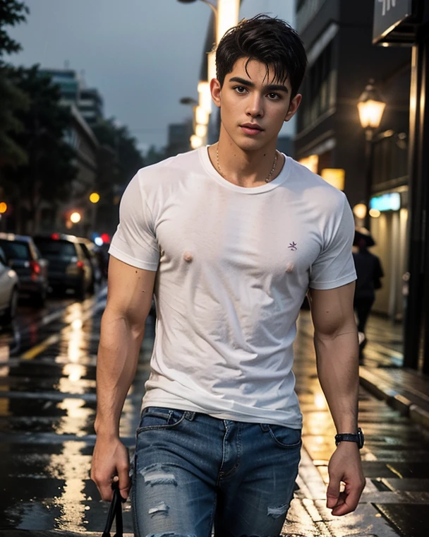 ((High quality)), ((masterpiece)), ((highly detailed)), perfect face, semi-realistic, ((man)), ((indonesian)), black hair, comma hair style, white t-shirt, rain, ((handsome)), detailed eyes, beautiful detailed nose, realistic body, realistic light, comfortable exprssions, cute guy, sweat guy, cool guy, ((athletic body)), ((hot))