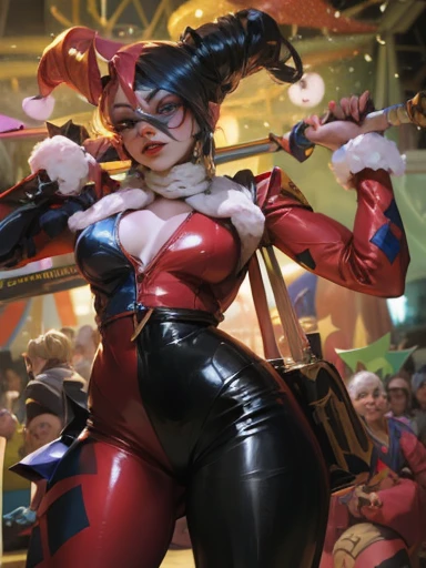 Create the image of a sexy female character dressed as a jester (jester or jester) with a more realistic and human appearance, and a sexy touch. The character must have a vibrant and colorful jester costume, but with a jester hat with ornamental bells. She should have a more seductive and confident pose, against a festive background with gold coins or a casino environment. The overall look should maintain the playful essence of a joker, but with a more human and sexy approach, highlighting your sensuality.