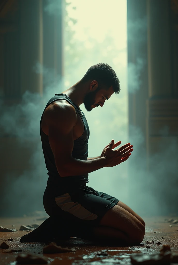 Real image of a single man between 30 and 35 years old,  Latino on his knees and face down thanking God with his hands not on the ground