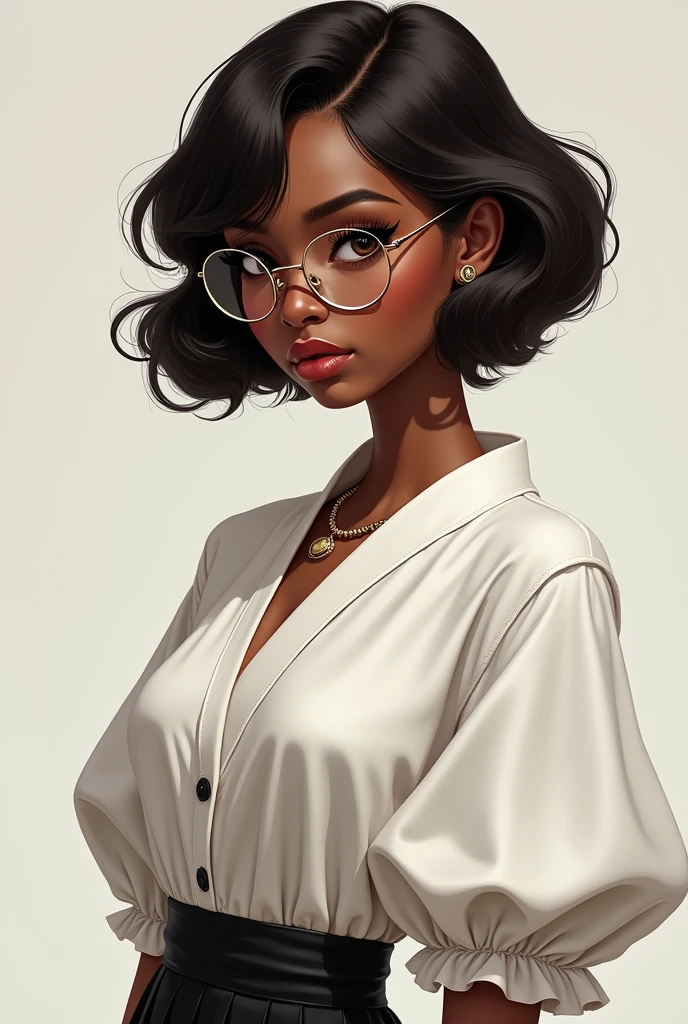 score_9, score_8_up, score_7_up, score_6_up, score_5_up, score_4_up, source_cartoon, rating_safe, by bg4, 1girl, portrait, torso shot, mature, brown skin, pouty lips, detailed, big breasts, cleavage, teacher's outfit, round glasses, black eyes, curly brown hair
