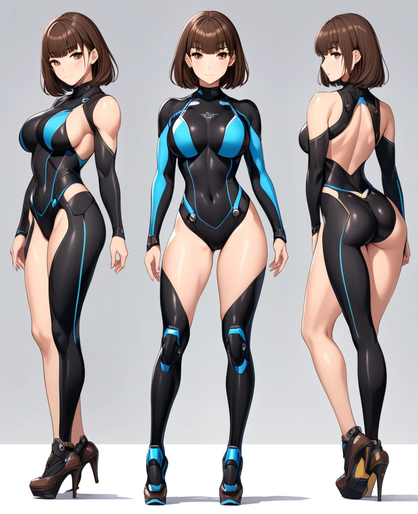 Beautiful girl, good one piece swimsuit-black, detailed black-pants, black-short-messy hair with a tiny ponytail, beautiful eye, good eye, detailed eye, natural skin, better skin, good body curve, masterpieve, highres, high quality, good sfx, dinamic angle, dinamic pose:1, good anatomy, good hand, neutral face expression, brush:1, detailed hair, black long sock, humanoid figure,