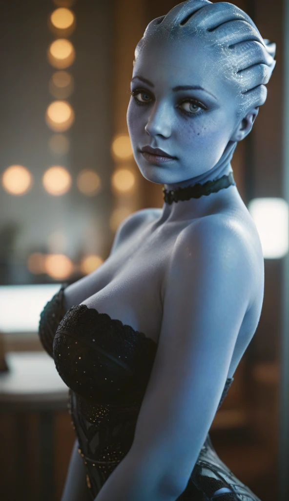 super sexy Liara T`Soni from Mass Effect wearing lace underwear, (best quality,4k,8k,highres,masterpiece:1.2),ultra-detailed,(realistic,photorealistic,photo-realistic:1.37),extremely detailed eyes and face,longeyelashes,beautiful detailed eyes,beautiful detailed lips,portrait,photorealism,cinematic lighting,vibrant colors,dynamic pose