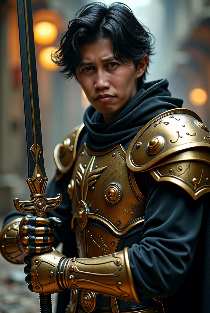 Cinema Lighting　8K ultra-high definition　Ultra-fantastical　Surreal　Clear Eyes　Gorgeous Gauntlets　Gorgeous sword　Luxurious Armor　Luxurious crown　Gorgeous shield　Gorgeous boots　black　money　black and gold　whole body　steampunk　Mechanic Art　Complex geometric patterns　Fusion of time and space　asian handsome man　shiny black hair　High resolution half body photo