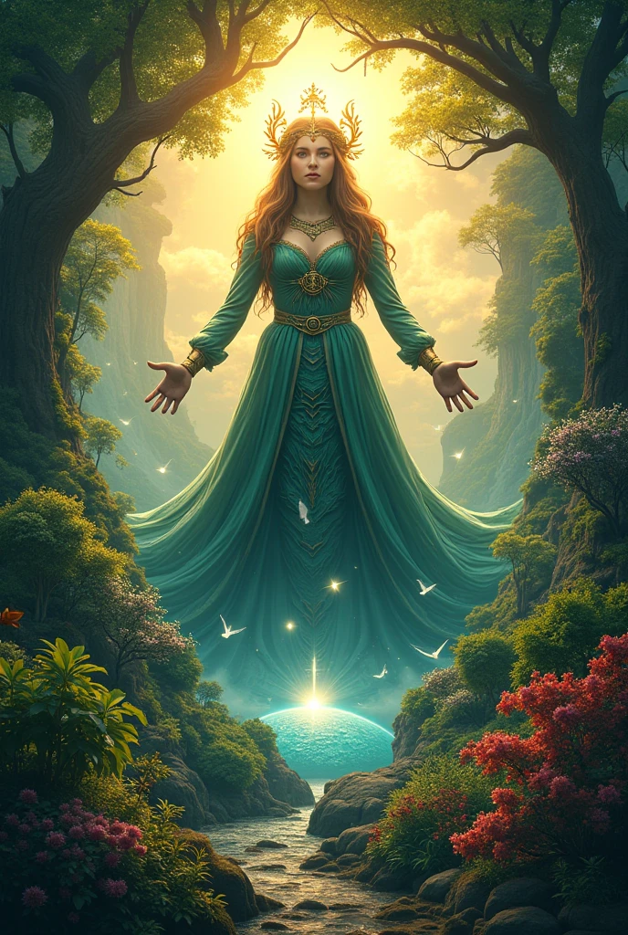 A vibrant and harmonious illustration of Solarpunk Gaia, depicting a futuristic yet organic world where nature and technology coexist in perfect balance. The image features a serene and powerful Gaia, a goddess of the Earth, standing amidst a lush forest with towering trees, their trunks adorned with glowing, ethereal circuits and wires. Gaia's skin has a warm, golden undertone, and her hair is a wild tangle of curly, verdant locks, with leaves and vines woven throughout. Her facial features are strong and gentle, with high cheekbones, a subtle smile, and piercing emerald green eyes that shine like the brightest stars. She wears a flowing, ornate gown made of iridescent fabrics that shift and shimmer like the aurora borealis, with intricate patterns resembling the networks of a motherboard. The background is a warm, sunny yellow, with hints of orange and pink, evoking a sense of optimism and hope. The overall style is a blend of fantastical, dreamlike quality and meticulous, industrial precision, with bold lines, subtle textures, and a sense of depth and dimensionality.