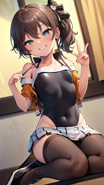 Very detailed CG Unity 8K 壁紙),(masterpiece), (Highest quality), (Very detailed), (Best illustrations),(Best Shadow)、1girl :d animal_ears aqua_eyes armpits ass black_pantyhose blush breasts brown_hair covered_navel fake_animal_ears fake_tail heart heart-shaped_pupils highres hololive leotard looking_at_viewer natsuiro_matsuri natsuiro_matsuri_(1st_custom) open_mouth pantyhose playboy_bunny rabbit_ears rabbit_tail shiki_(catbox230123) side_ponytail smile split standing standing_on_one_leg standing_split sweat symbol-shaped_pupils tail v virtual_youtuber