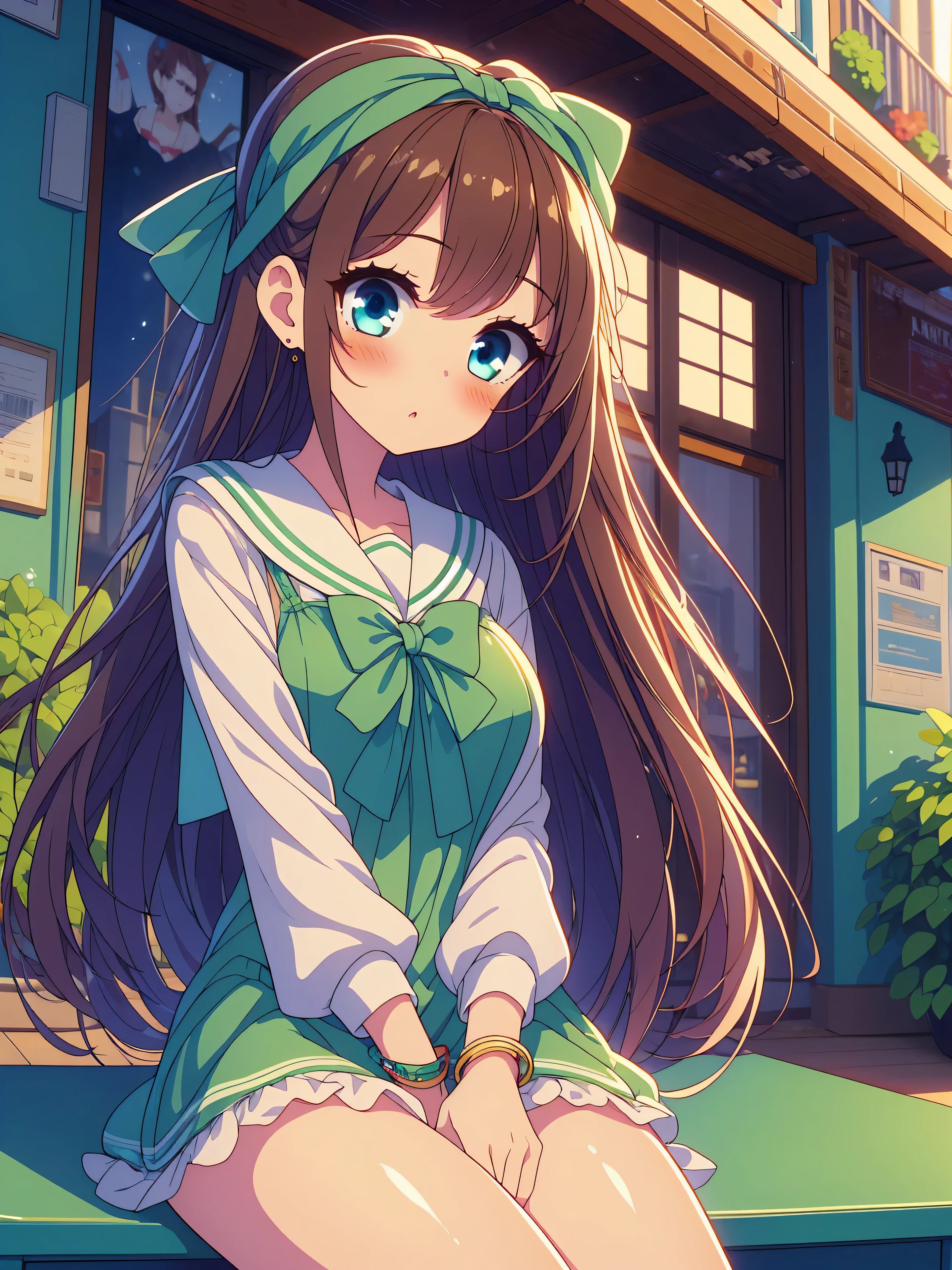 Highly detailed, high quality, masterpiece, beautiful, (all photo shooting, low angle), girl student, perfect eyes, red eyes, light eyes, blushing face, happy face, open thighs, big thighs, small breast, short stature, long hair, light brown hair, with bracelet on hand, bow in hair, headband, with green sailor suit, with panties stuck between vagina, shows full panties, sexy, background image on a gamer chair