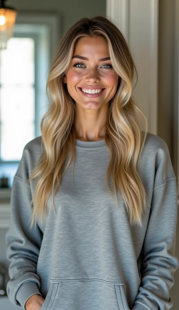 standing in bathroom, medium shot, photo realistic, super realistic, beautiful woman, gray sweatshirt, blonde hair, blue eyes, smiling, young, mirror shot, phone in hand