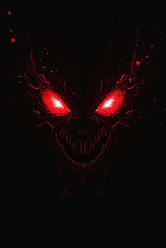 a pair of glowing red eyes formed from red stars, and vampire fangs in the stary night sky, night sky full of stars