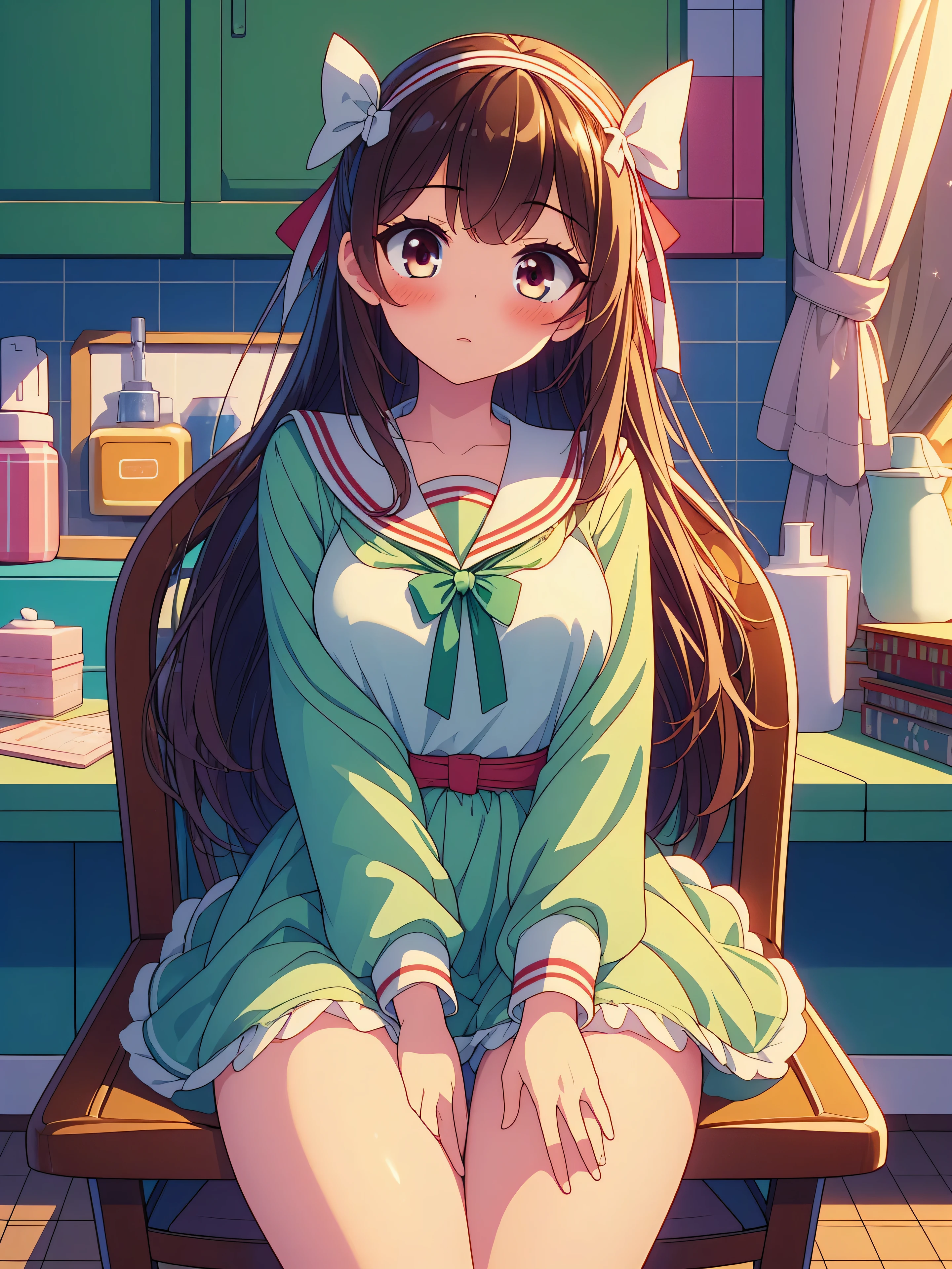 Highly detailed, high quality, masterpiece, beautiful, (all photo shooting, low angle), girl student, perfect eyes, red eyes, light eyes, blushing face, happy face, open thighs, big thighs, small breast, short stature, long hair, light brown hair, with bracelet on hand, bow in hair, headband, with green sailor suit, with panties stuck between vagina, shows full panties, sexy, background image on a gamer chair