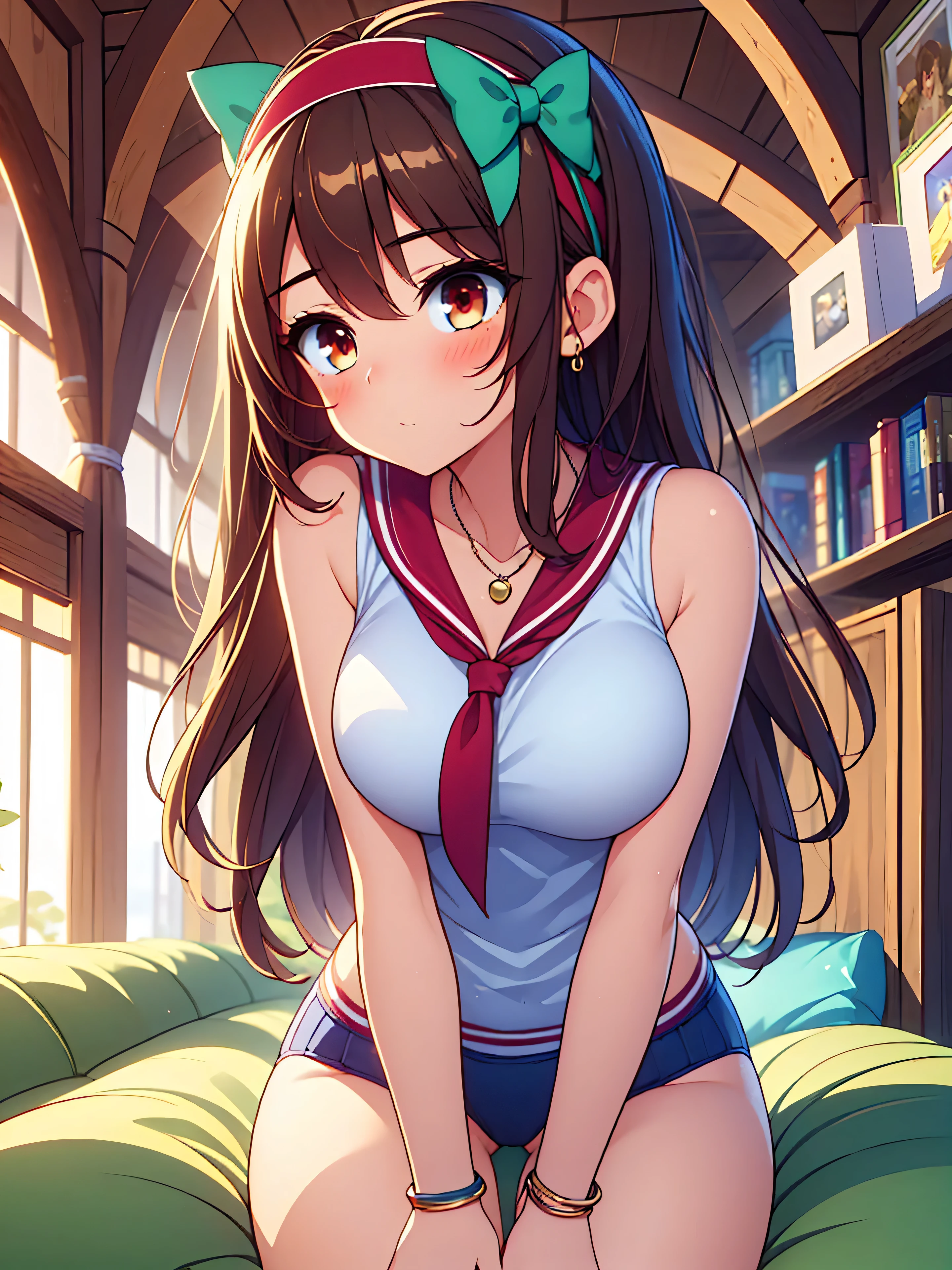 Highly detailed, high quality, masterpiece, beautiful, (all photo shooting, low angle), girl student, perfect eyes, red eyes, light eyes, blushing face, happy face, open thighs, big thighs, small breast, short stature, long hair, light brown hair, with bracelet on hand, bow in hair, headband, with green sailor suit, with panties stuck between vagina, shows full panties, sexy, background image on a gamer chair