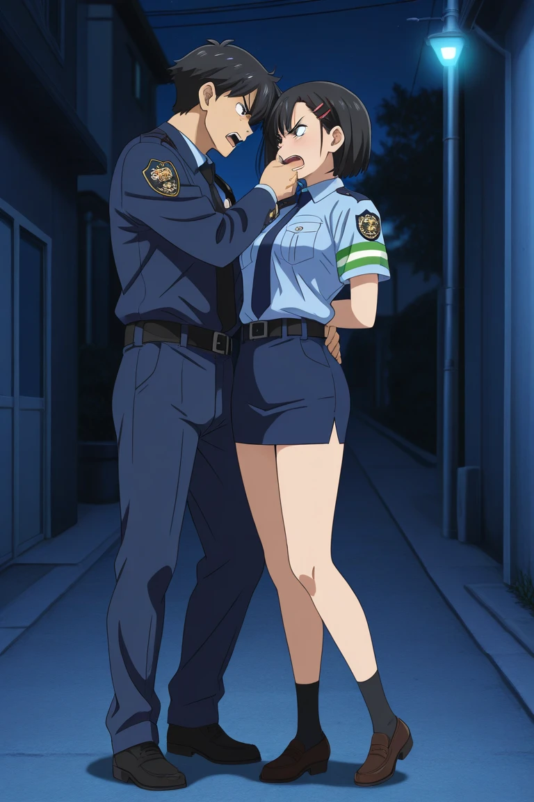NSFW,masterpiece,Highest quality,High resolution,Very detailed,Sinon\(Sword Art Online\),Police Officer,Female police officer,mini skirt,pantyhose,blush,(Tough-faced man),(Have sex),Insert,Creampie,Night Park,Back of the building,Cleavage,From the side