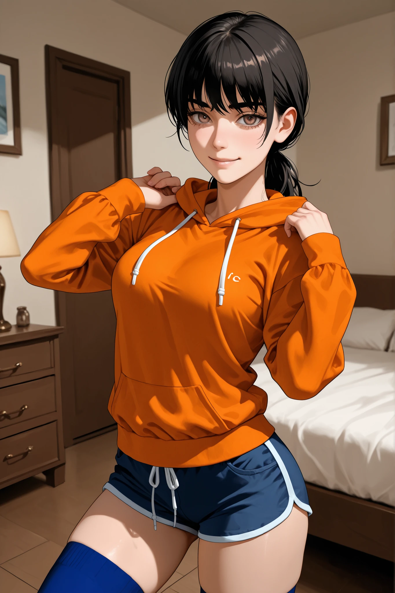 1 girl, Mitaka Asa, long hair, low ponytail, brown eyes, beautiful eyes, orange sweatshirt, hood down, drawstring, long sleeves, blue short shorts, high socks, garters, medium breasts, standing, sexy body, nice arms, nice legs, in bedroom, confident expression, smiling, looking at viewer, sensual pose, very attractive