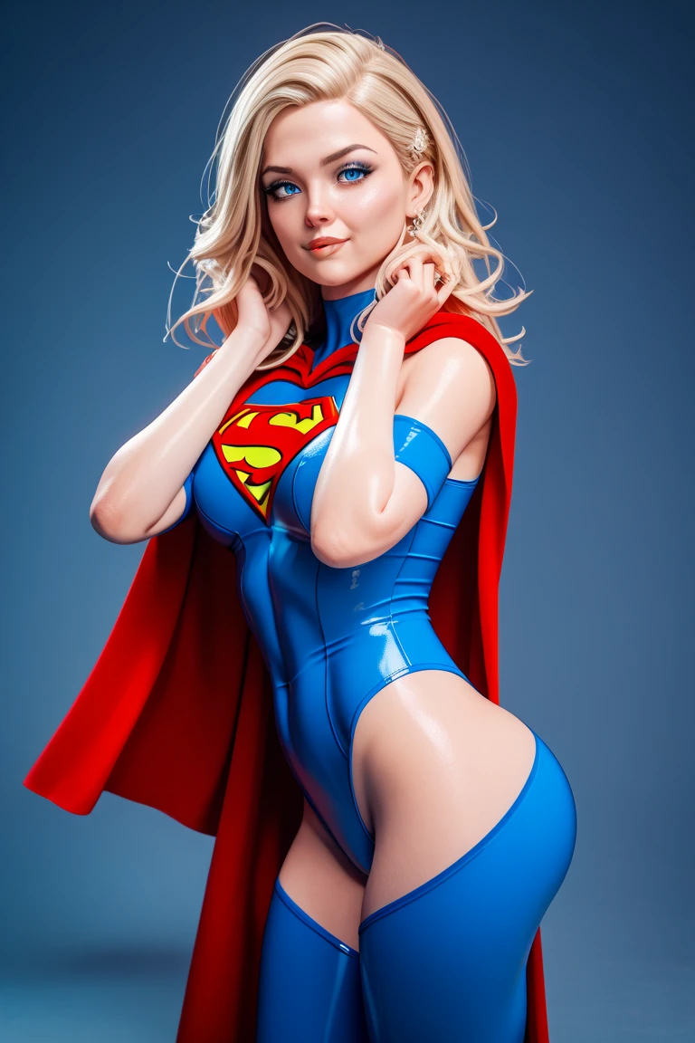 ((super girl)), Portrait photography by Art Germ, realism style, Lustrous skin, The main character of the cartoon, Natural light, tight lips, Strong body, Feminine body, full length, viewer, (Smile:1.2), Depth of field f/1.8, studio shot, (((looking in camera))), looking in camera, ((( Camera Eye))) , ellen von unwerth, (Sexy Pose:1.5),