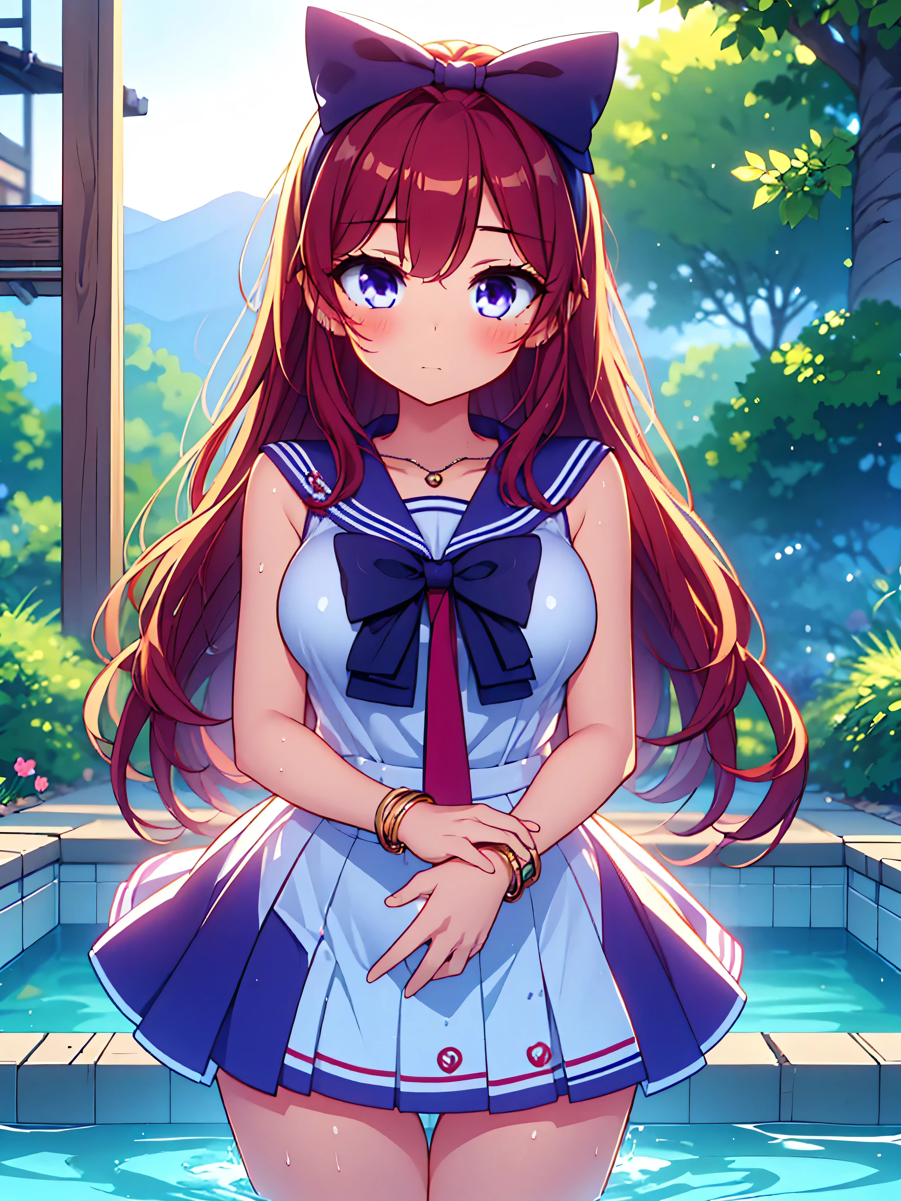 Highly detailed, high quality, masterpiece, beautiful, (all photo shooting, high angle), girl student, perfect eyes, purple eyes, light eyes, blushing face, happy face, open thighs, big thighs, small breast, short stature, long hair, red hair, with bracelet on hand, bow in hair, headband, wearing sailor suit, with panties stuck between vagina, shows full panties, sexy, background image in a hot spring
