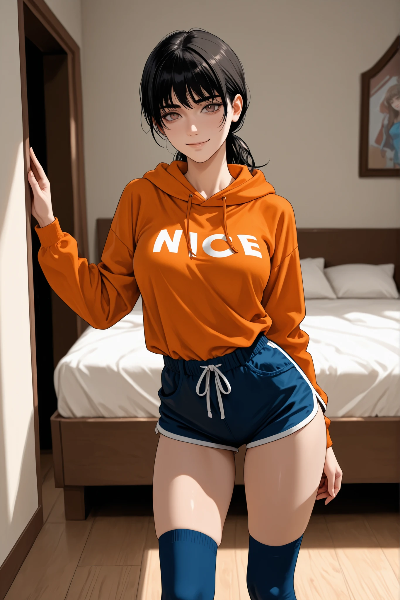 1 girl, Mitaka Asa, long hair, low ponytail, brown eyes, beautiful eyes, orange sweatshirt, hood down, drawstring, long sleeves, blue short shorts, high socks, garters, medium breasts, standing, sexy body, nice arms, nice legs, in bedroom, confident expression, smiling, looking at viewer, sensual pose, very attractive