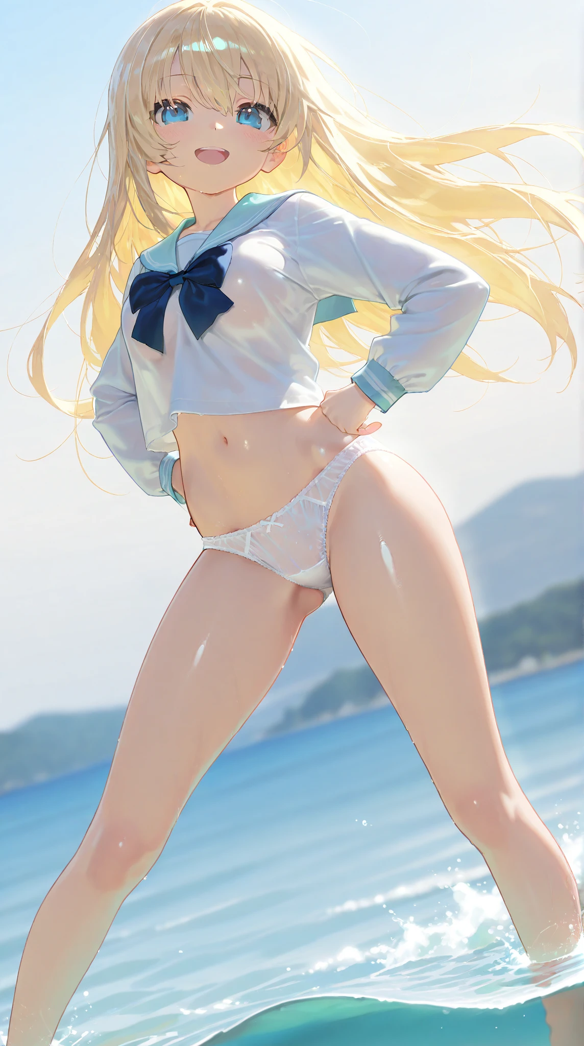 16K、Young Face、Cute junior high school student showing off her white underwear:1.5、Her vagina is visible through the gap in her white panties:1.5、(From below:1.5)、Please lie down with your butt on the ground...、Spread your legs and lift、A revealing white uniform、(The background is blue sky)、ponytail、Emphasize the pubic mound、(Shame Hill Focus:1.5,From below:1.3),(Camel Toe:1.3),Highest quality,Best image quality,Perfect Anatomy,masterpiece,Very detailedな,beautiful,super high quality, Highest quality,High resolution, Very detailed,Game CG,Dutch Angle ,Beautiful attention to detail,Visual Arts,Five Fingers, Perfect hands,