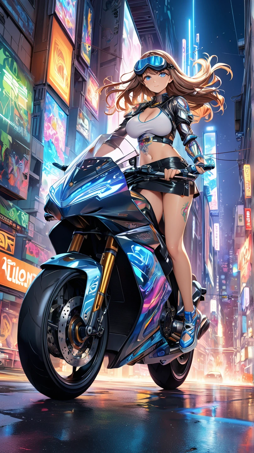 Masterpiece, Best quality, Confident cyberpunk girl, Full body shot, ((Stand in front of the motorcycle)), Popular costumes in Harajuku style, Bold colors and patterns, Eye-catching accessories, Trendy and innovative hairstyle, Vibrant makeup, Cyberpunk's dazzling cityscape, skyscrapper, Neon signs, LED lights, Bright and vivid color scheme, anime big breast, illustration, Detailed skin texture, Detailed cloth texture, Beautiful detailed face, Intricate details, Ultra detailed.(RAW photo:1.2)，camel-toe，Hollow-out on，sweat leggs，White liquid， Smooth pink skin, shiny metallic glossy skin, Shiny, spread their legs，M-shaped legs，angry look，Irritated，white liquid all over body，Full body like，