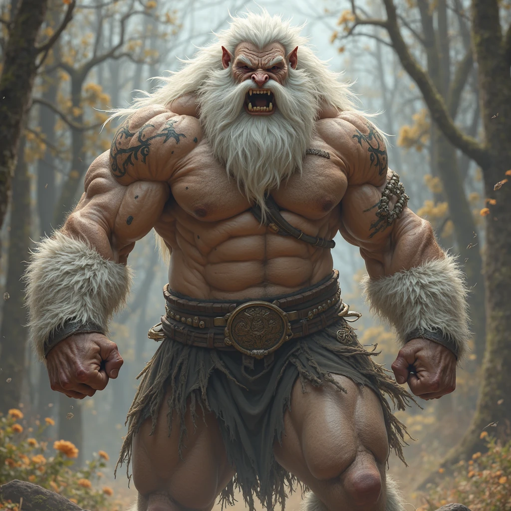 A burly, virile, and hairy dragon, exuding the irresistible charm of a himbo muscle daddy. His middle-aged features, adorned by a long, bushy beard and a thick mustache, reveal a life of experience and adventure. His body, sculpted into a warrior's build and a bodybuilder's physique, is a testament to his unyielding dedication to physical fitness. The hair on his chest and belly forms a carpet of thick fur, while his hairy arms and legs are adorned with a natural, untamed layer of hirsute. Every muscle on his overmuscular and musclebound frame is defined and bulging, veins pulsing beneath the surface, hinting at his incredible strength. Despite his advanced age, his grey hair only adds to his handsome and dreamy appearance.