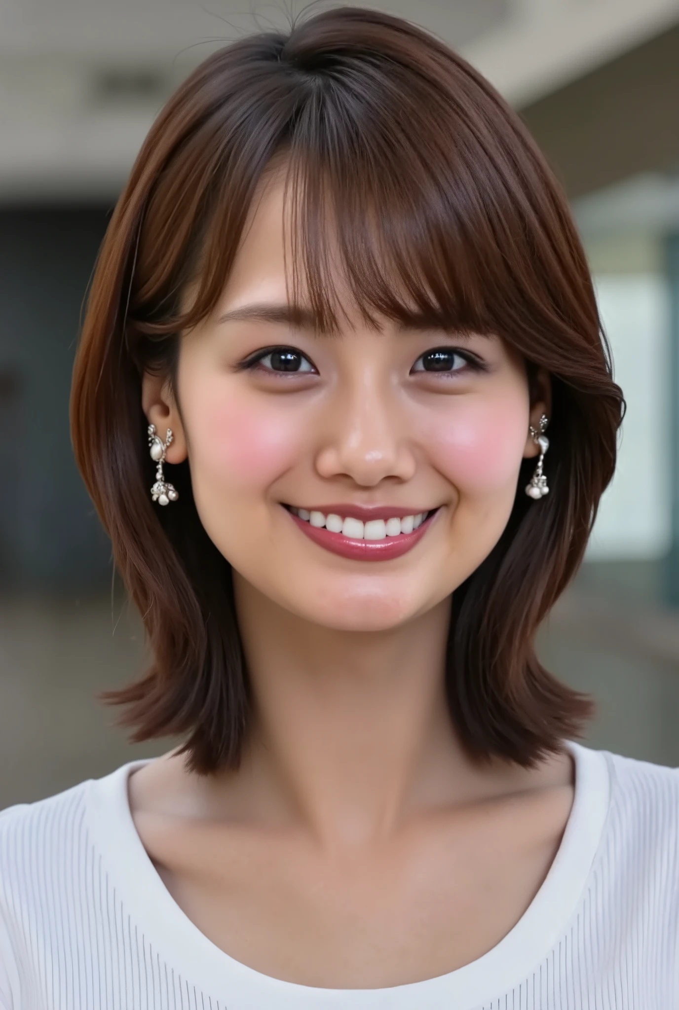 ((( High Resolution , top quality, very well detailed, masterpiece , highly detailed photos , realistic , Real people , Ultra precise skin ))) , , ( from the front ) , 上半身, Advance Shot , ( giggle face ) , { wearing the sleeveless T-shirt : 1.8 } , 耳にピアス、薄い茶髪、 medium hair , 、背景は部屋の中