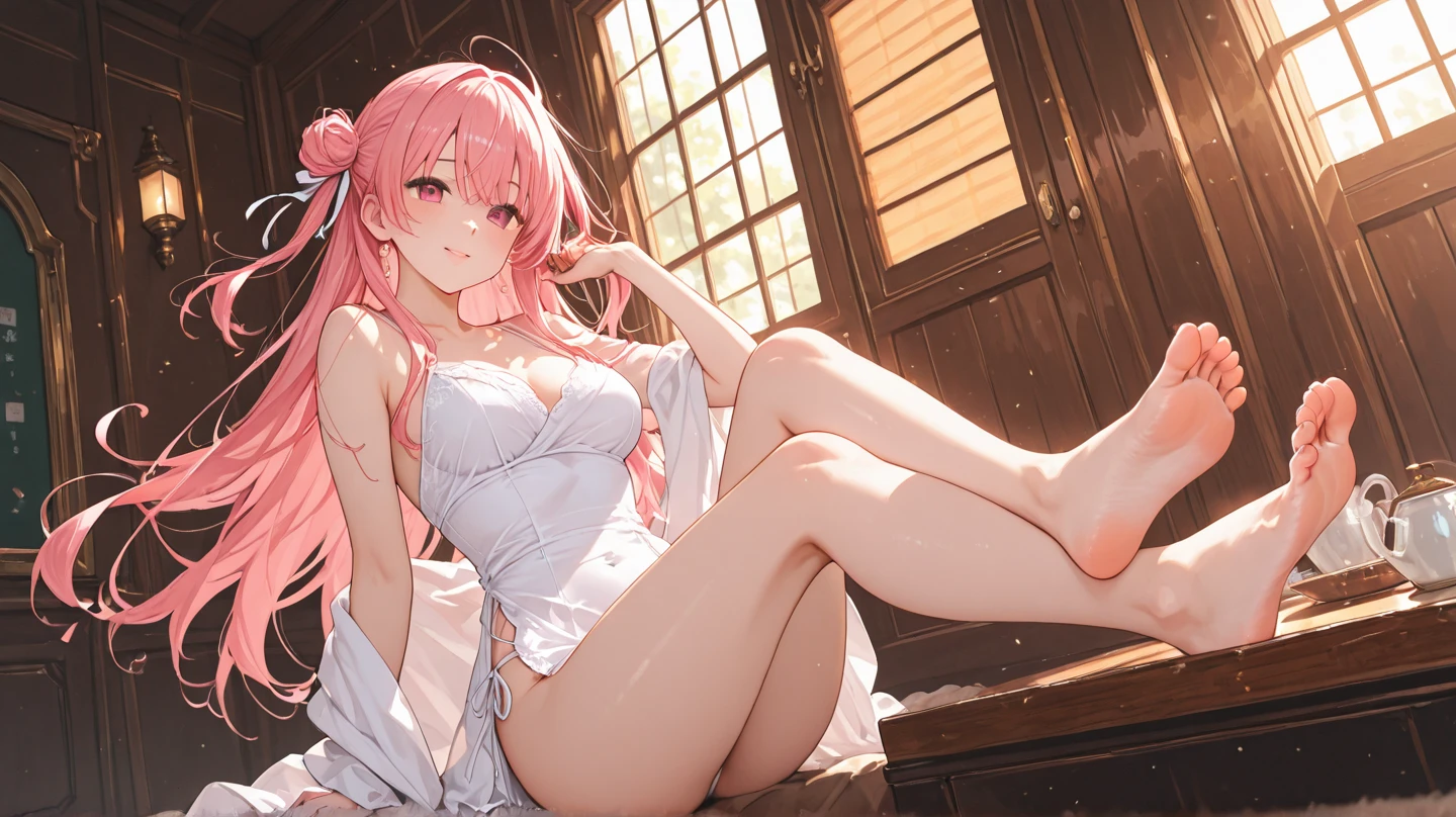 A girl, long pink hair, white slip dress, delicate face, thin waist, milky skin, sexy, clear cleavage, inside the café, sitting