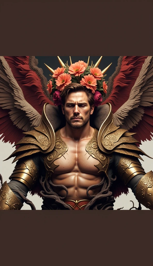((burning wings)) (archangel), man, strong, red-haired, long hair, wearing a golden armor with black details, 8k, epic lighting, photorealistic, best quality